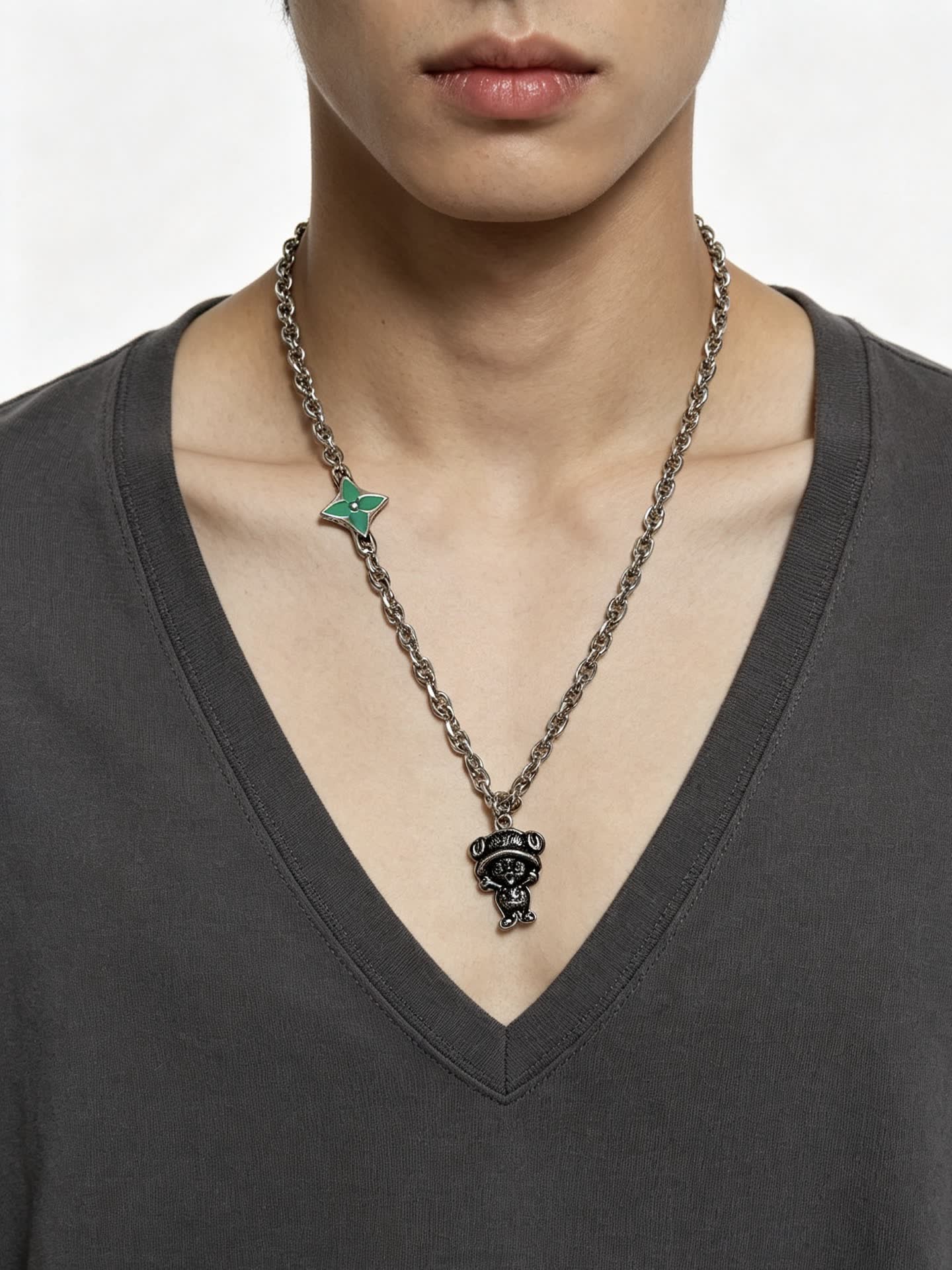 Louis Vuitton Silver Tone Necklace with Green Enamel and Monogram Bear Charm